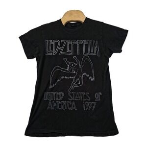 Led Zeppelin Shirt Women Medium Black USA 1977 Tour Graphic Tee Tultex Rock Band